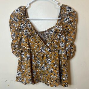 Floral Mustard Puff Sleeve Top